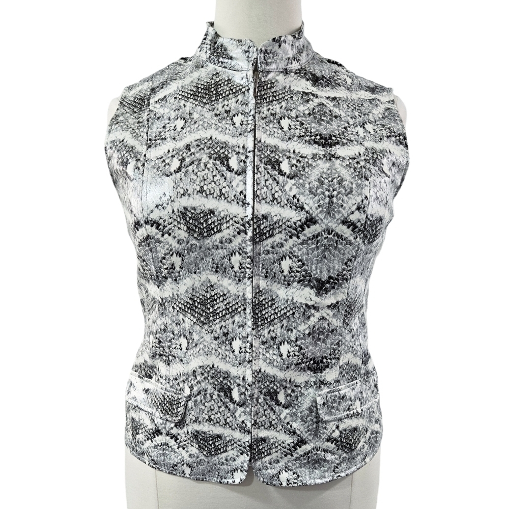 Chico's White Black Snakeskin Print Faux Leather Coated Zip Vest Pockets